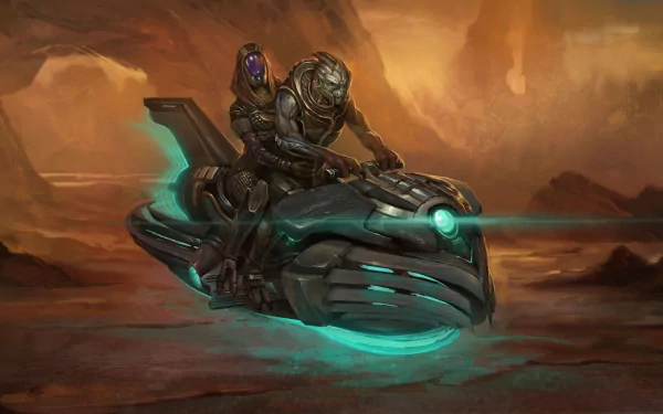 HD PC desktop wallpaper featuring Mass Effect characters Garrus Vakarian and Tali'Zorah riding a futuristic hoverbike across a desert landscape.