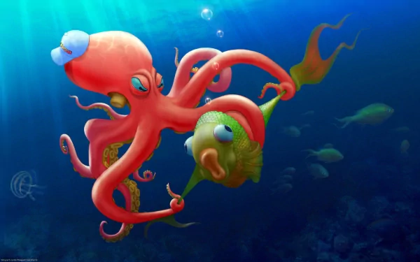 Artistic HD PC desktop wallpaper featuring a red octopus playfully holding a green fish beneath blue ocean light — whimsical animal illustration for a desktop background.