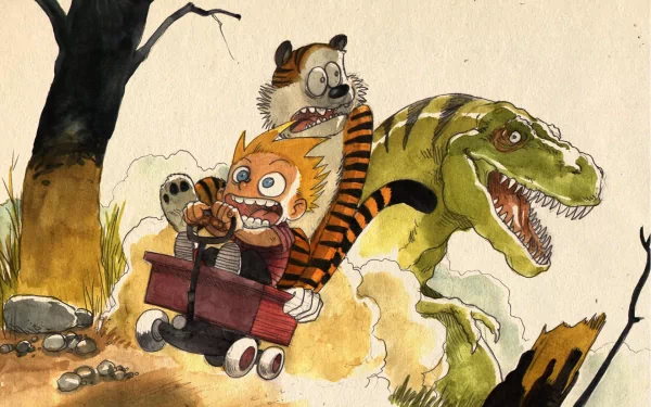 Calvin and Hobbes joyfully ride a wagon as a dinosaur charges towards them in this colorful comic-inspired HD desktop wallpaper. Adventure and whimsy come to life!
