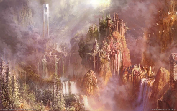 HD PC desktop wallpaper from the video game AION, depicting a mystical landscape with towering cliffs, ancient structures, and cascading waterfalls shrouded in mist.