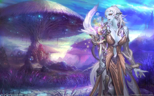 HD PC desktop wallpaper for the video game AION: pale elven sorceress in ornate armor stands in a glowing purple alien landscape with a giant mushroom and swirling sky.