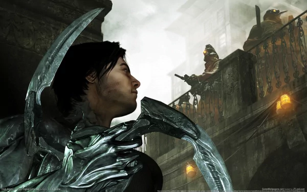 HD PC desktop wallpaper featuring a dark, intense scene from the video game Dark Sector with a character wielding a futuristic weapon in a gritty urban environment.