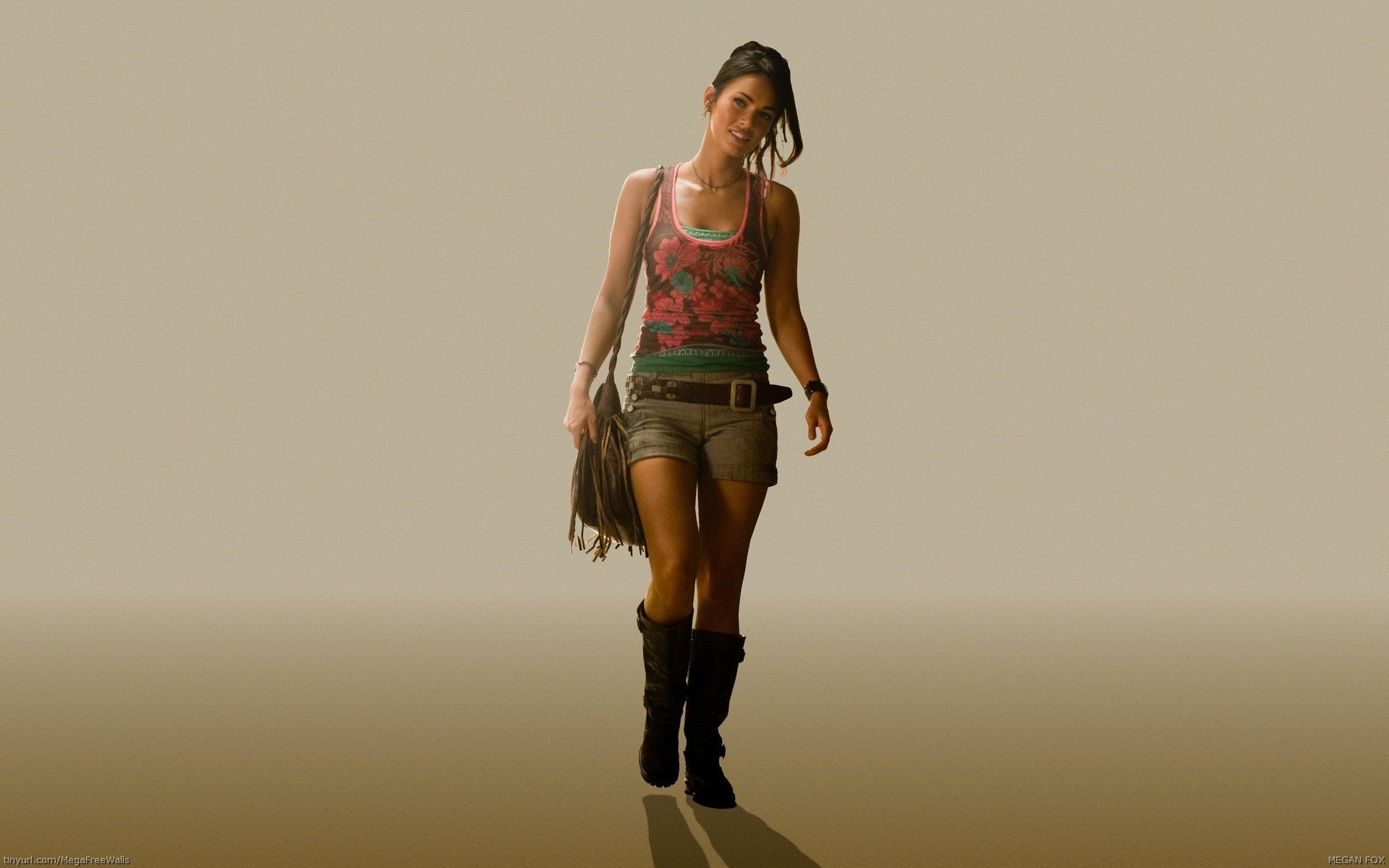 A captivating HD desktop wallpaper featuring a stylized depiction of celebrity Megan Fox, showcasing her in a casual outfit with a confident stride against a minimalist background.