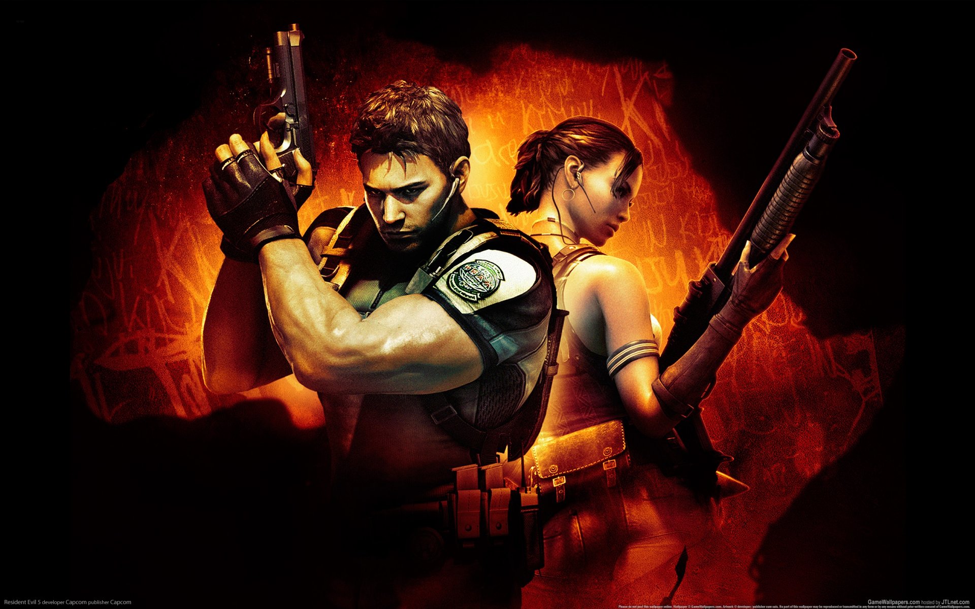HD wallpaper featuring characters from Resident Evil 5, showcasing a dramatic pose with a powerful backdrop, highlighting the intense action of the video game.