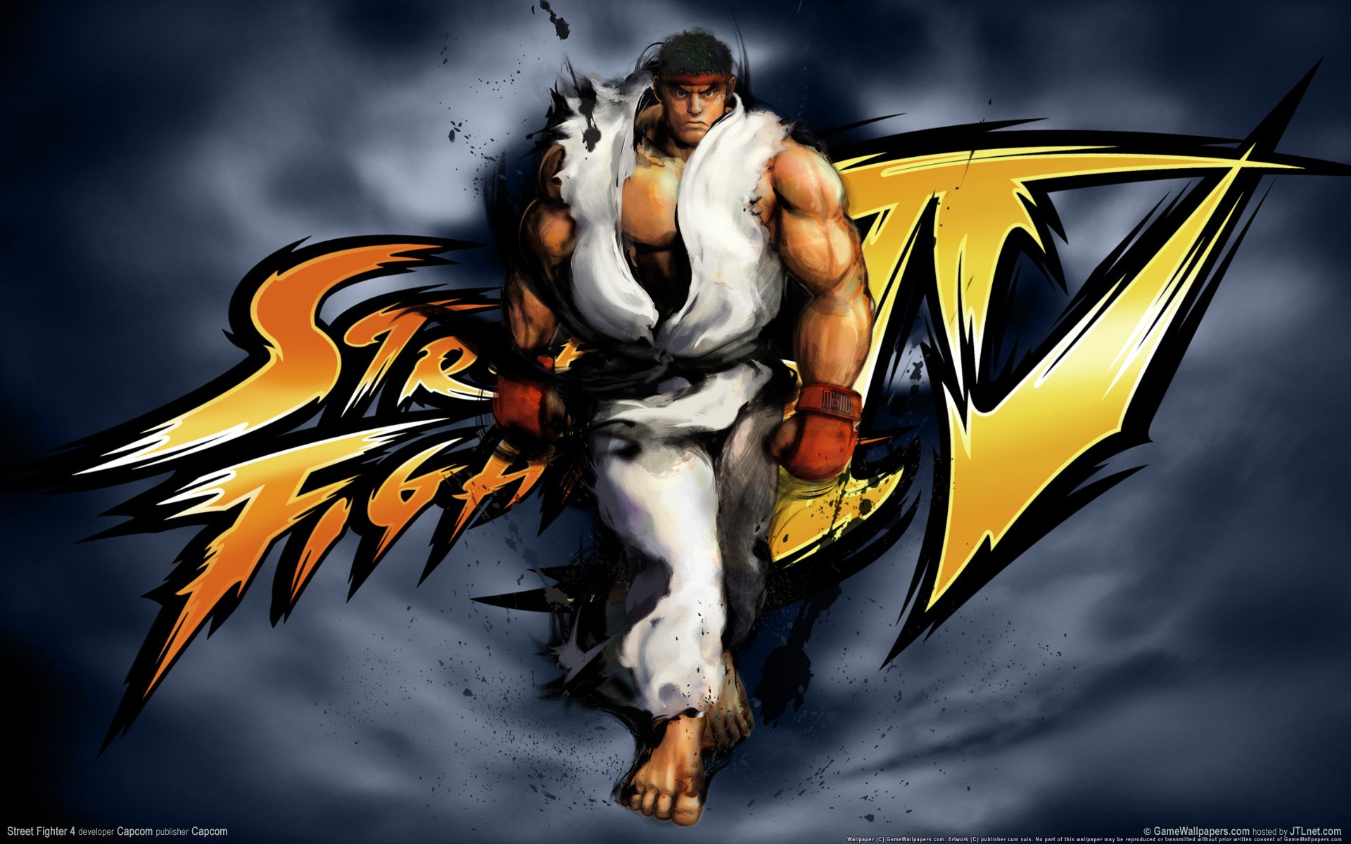 HD PC desktop wallpaper featuring Ryu from the Street Fighter video game series with the vibrant Street Fighter IV logo in the background.