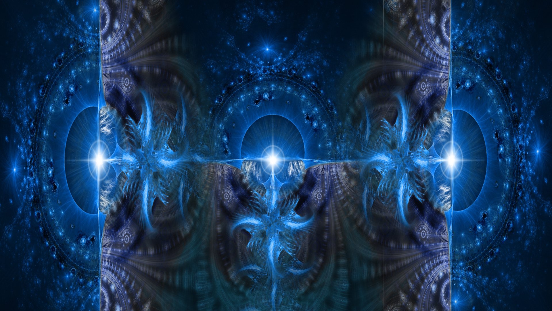 Abstract blue fractal pattern with mirrored starbursts and swirling shapes — HD PC desktop wallpaper/background in deep blue tones.