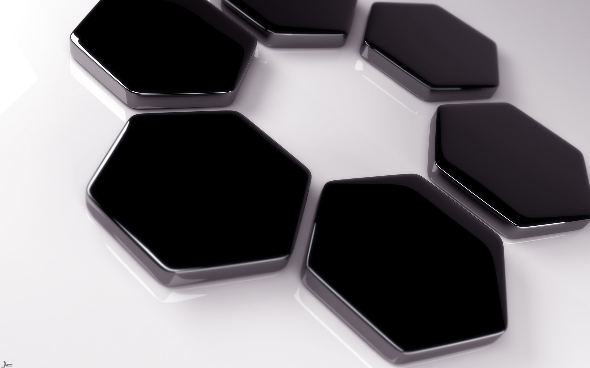 3D abstract CGI pattern of glossy black hexagon shapes on a white background, designed as an HD PC desktop wallpaper and background.