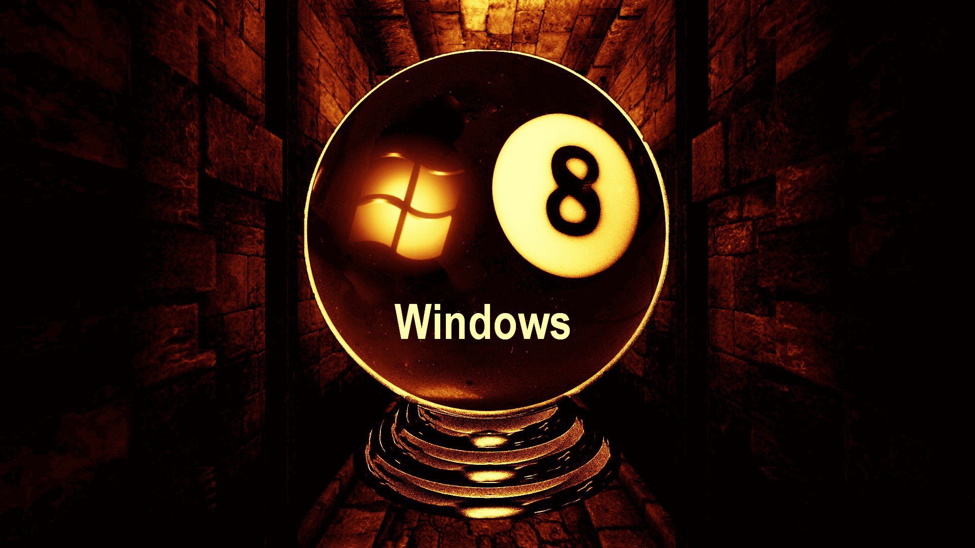 HD PC desktop wallpaper featuring a glowing Windows 8 logo and number 8 inside a reflective sphere against a dark, textured background, highlighting technology.