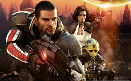 A high-definition desktop wallpaper featuring Commander Shepard, Miranda Lawson, and Thane Krios from the video game Mass Effect 2, set against a dramatic, futuristic backdrop.
