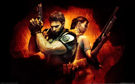 HD wallpaper featuring characters from Resident Evil 5, showcasing a dramatic pose with a powerful backdrop, highlighting the intense action of the video game.