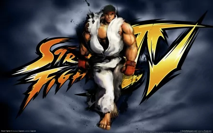 HD PC desktop wallpaper featuring Ryu from the Street Fighter video game series with the vibrant Street Fighter IV logo in the background.