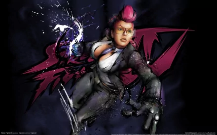 HD PC desktop wallpaper of Street Fighter's Crimson Viper in a dynamic action pose, sparks around her gauntlet and a stylized logo behind her on a dark, dramatic background.