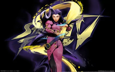 HD PC desktop wallpaper featuring a dynamic Street Fighter character unleashing a powerful energy attack in vibrant purple and yellow hues.