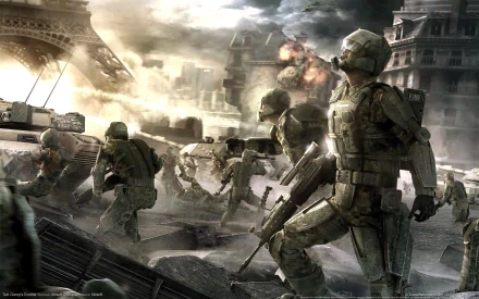 HD PC desktop wallpaper from the video game Tom Clancy's EndWar depicting soldiers in advanced combat gear amid a smoky, war-torn urban battlefield scene.