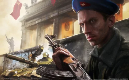 HD PC desktop wallpaper featuring a tense soldier holding a rifle in a war-torn urban setting from the video game World In Conflict.