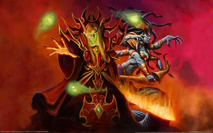 HD PC desktop wallpaper featuring Lady Vashj and Kael'thas Sunstrider from the video game World of Warcraft in a vivid, fiery scene.