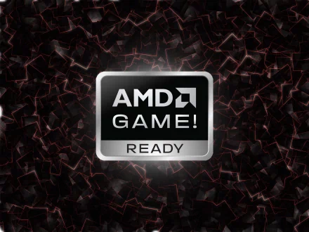 A 4K Ultra HD wallpaper featuring the AMD logo with the text GAME! READY set against a dynamic black and red abstract background, showcasing technology and gaming themes.