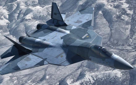 A high-definition wallpaper showcasing the Sukhoi Su-57, a cutting-edge military aircraft, flying over a rugged winter landscape.