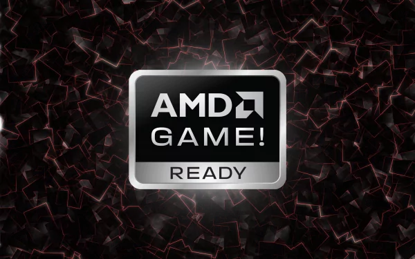 A 4K Ultra HD wallpaper featuring the AMD logo with the text GAME! READY set against a dynamic black and red abstract background, showcasing technology and gaming themes.