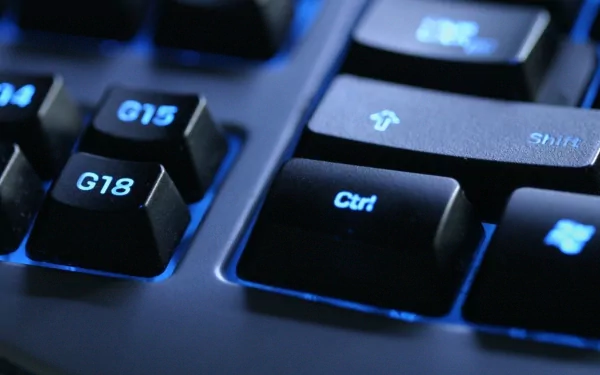 Close-up of a backlit keyboard showing keys labeled G15, G18, and Ctrl, showcasing modern technology, designed as HD PC desktop wallpaper and background.