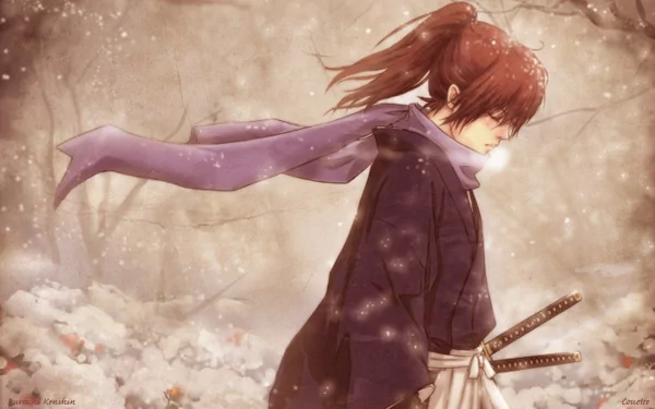 Kenshin Himura from the anime Rurouni Kenshin stands in a snowy landscape, wearing a blue scarf and wielding his sword, capturing a moment of reflection and serenity.