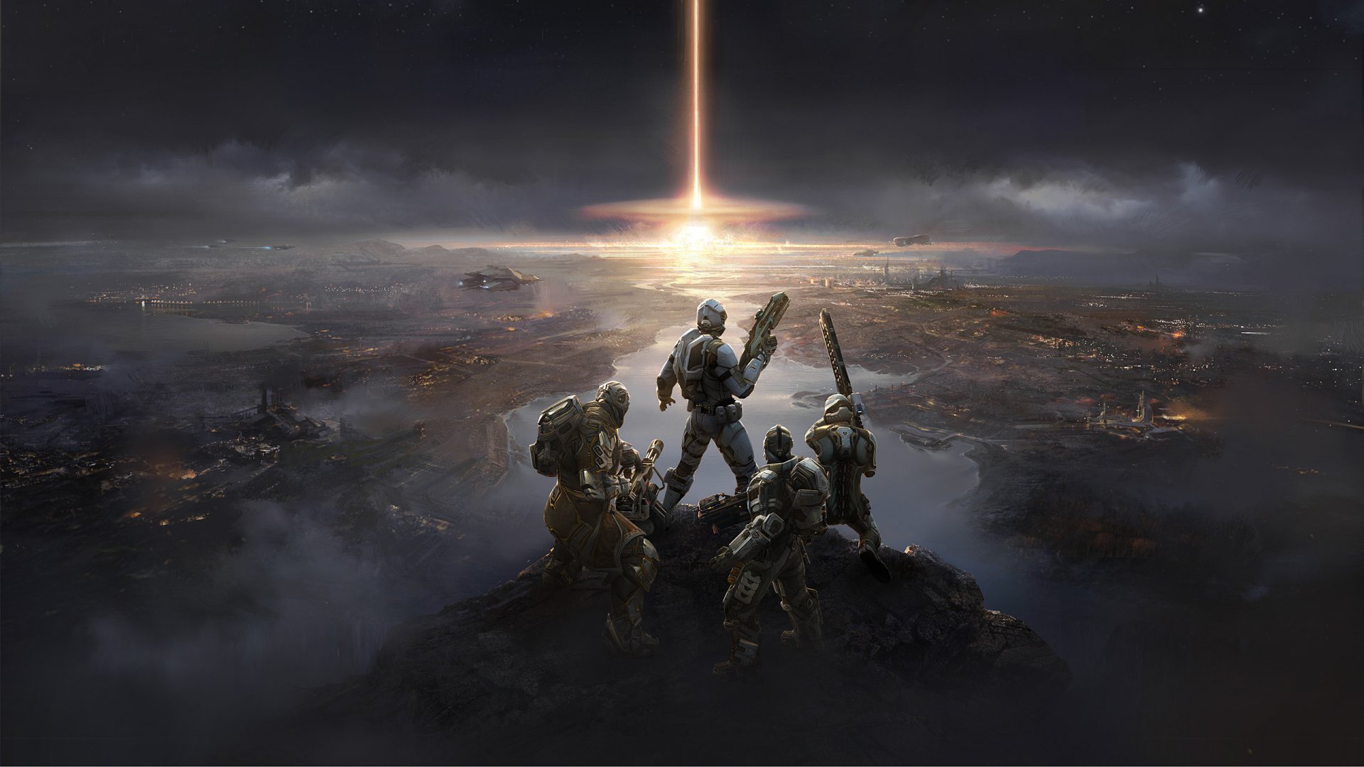 HD PC desktop wallpaper featuring a dramatic scene from the video game EVE Online with soldiers overlooking a dark, vast battlefield illuminated by a bright vertical light beam.