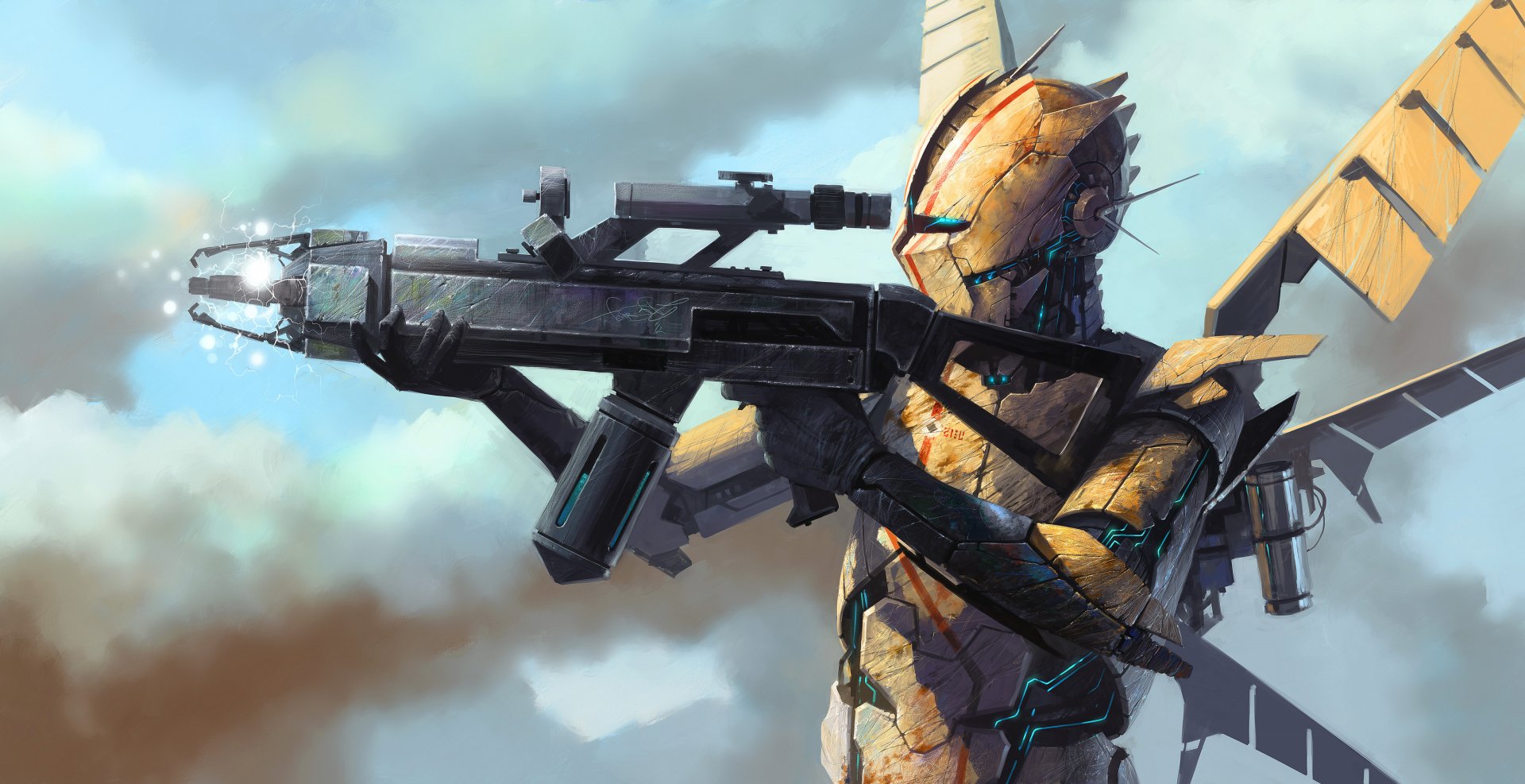 A futuristic warrior in a detailed armor stands ready with a sleek weapon against a dramatic sky, showcasing a stunning sci-fi aesthetic for HD PC wallpaper and background.