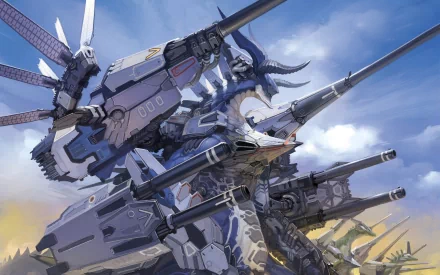 Sci-fi creature with mechanical armor and weaponry set against a cloudy sky, designed as a high-definition PC desktop wallpaper background.