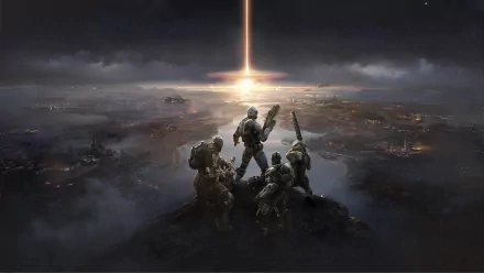 HD PC desktop wallpaper featuring a dramatic scene from the video game EVE Online with soldiers overlooking a dark, vast battlefield illuminated by a bright vertical light beam.
