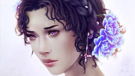 A stunning HD fantasy wallpaper featuring a woman with violet eyes and curly hair, adorned with flowers, evoking a sense of mystical beauty and ethereal charm.