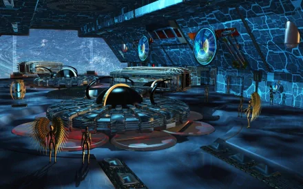 Futuristic sci-fi spaceport inside a high-tech space station with sleek spaceships docked, set against a vast cosmic backdrop, rendered in HD for PC desktop wallpaper.