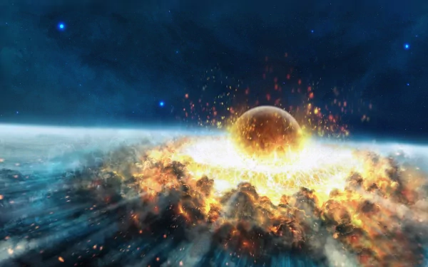 HD sci-fi desktop wallpaper depicting a fiery celestial collision in space, with bright explosions and cosmic debris under a starry sky.