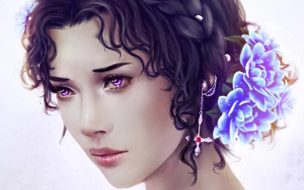 A stunning HD fantasy wallpaper featuring a woman with violet eyes and curly hair, adorned with flowers, evoking a sense of mystical beauty and ethereal charm.