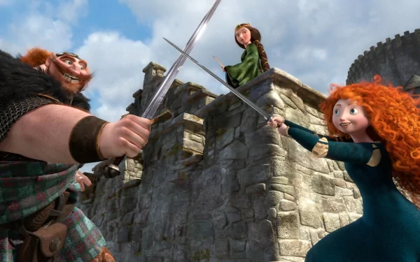 A dynamic scene from Brave, featuring Queen Elinor and King Fergus facing off with swords, while Merida watches from a castle wall. Vibrant colors bring the adventure to life.