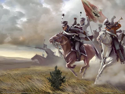 HD desktop wallpaper of Cossacks II: Napoleonic Wars, featuring a dramatic scene with cavalry soldiers charging across a battlefield under a stormy sky.