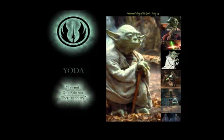 HD Star Wars desktop wallpaper featuring Jedi Master Yoda with iconic scenes and a glowing Jedi Order symbol in a sci-fi themed design.