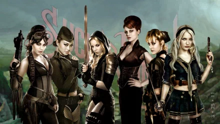 A dynamic HD wallpaper featuring the characters from *Sucker Punch*: Babydoll, Sweet Pea, Amber, and others, showcasing their powerful presence in a striking backdrop.
