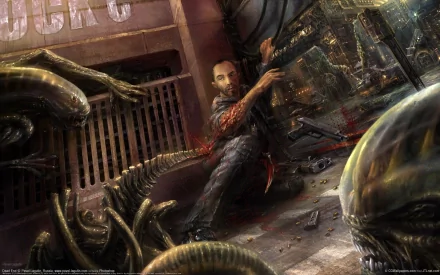 Dark gaming-themed HD PC wallpaper depicting a tense Dead End scene with an alien attacking a man in a gritty, shadowy environment from a video game.