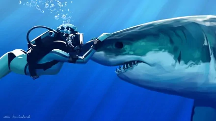 A diver interacts closely with a shark underwater, showcasing a captivating moment in marine life. This HD image serves as an engaging desktop wallpaper or background.