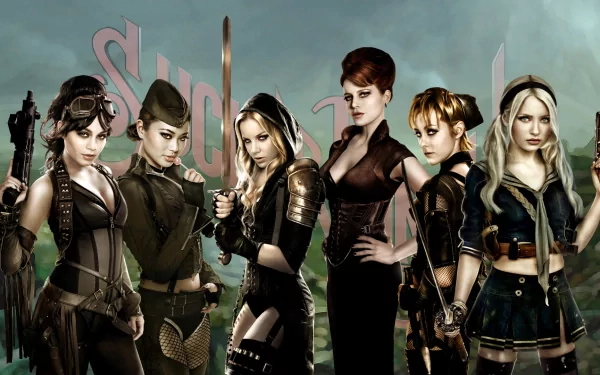 A dynamic HD wallpaper featuring the characters from *Sucker Punch*: Babydoll, Sweet Pea, Amber, and others, showcasing their powerful presence in a striking backdrop.