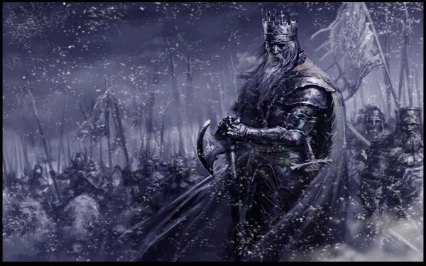 HD desktop wallpaper depicting a fantasy warrior king in a snowy battlefield, dressed in dark armor and a crown, with an army standing behind him.