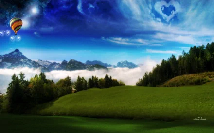 HD desktop wallpaper of a dreamy world with a vibrant green field, misty mountains, hot air balloons, and a heart-shaped cloud in a serene blue sky.