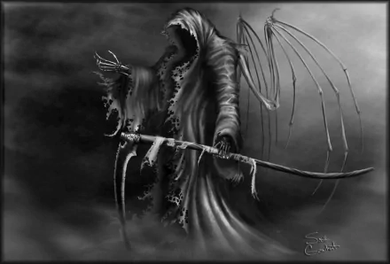 A dark and atmospheric HD wallpaper featuring a grim reaper adorned in tattered robes, holding a scythe amidst a smoky, ominous background.