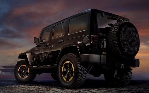 Black Jeep Wrangler with rugged tires parked on a textured surface against a dramatic sunset sky, captured in HD for a striking PC desktop wallpaper.