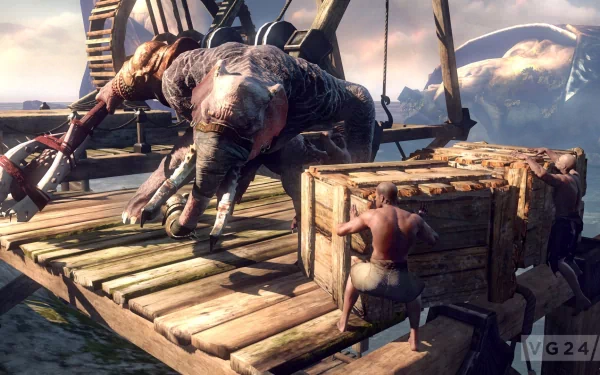 A dynamic scene from God of War: Ascension featuring a massive creature being restrained on a wooden platform, showcasing the game's stunning HD graphics and intense action.