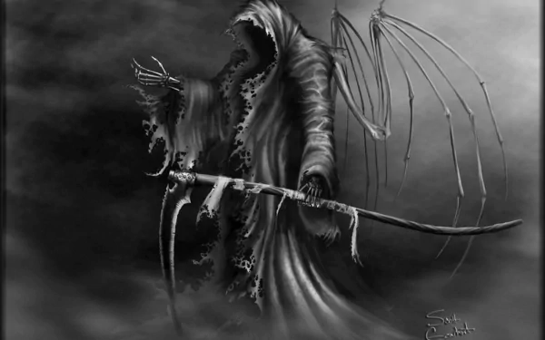 A dark and atmospheric HD wallpaper featuring a grim reaper adorned in tattered robes, holding a scythe amidst a smoky, ominous background.