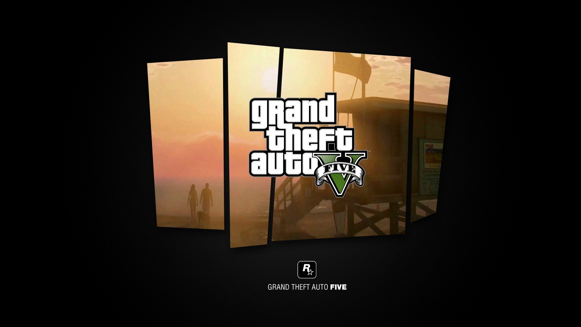 A high-definition PC desktop wallpaper featuring the logo of Grand Theft Auto V, set against a backdrop of stylized panels and a dramatic sunset scene.
