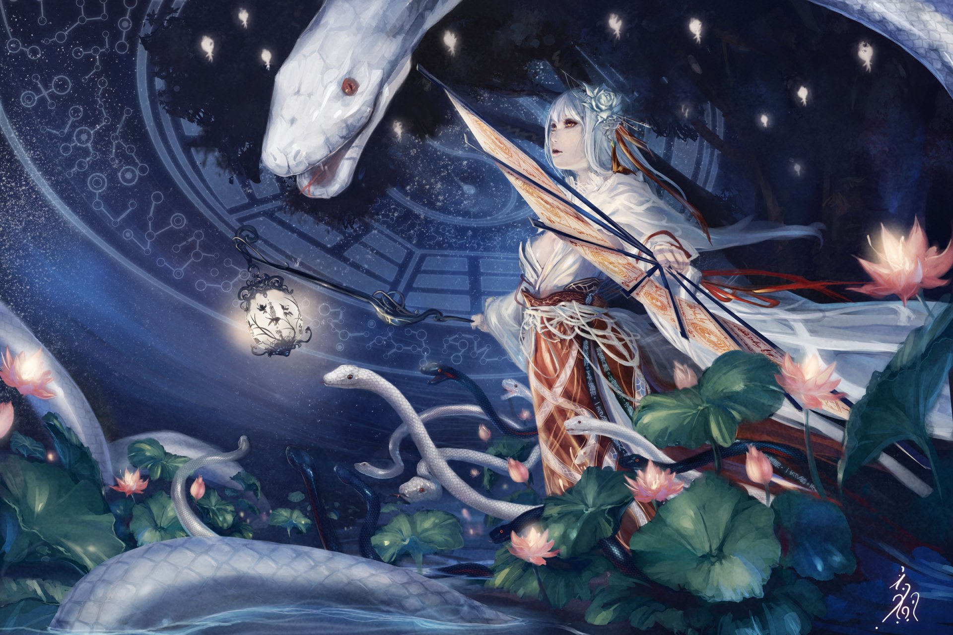 A fantasy scene featuring a figure in an ornate outfit, wielding a fan, amidst a mystical garden with snakes and blooming flowers, all set against a dreamy, starry backdrop.
