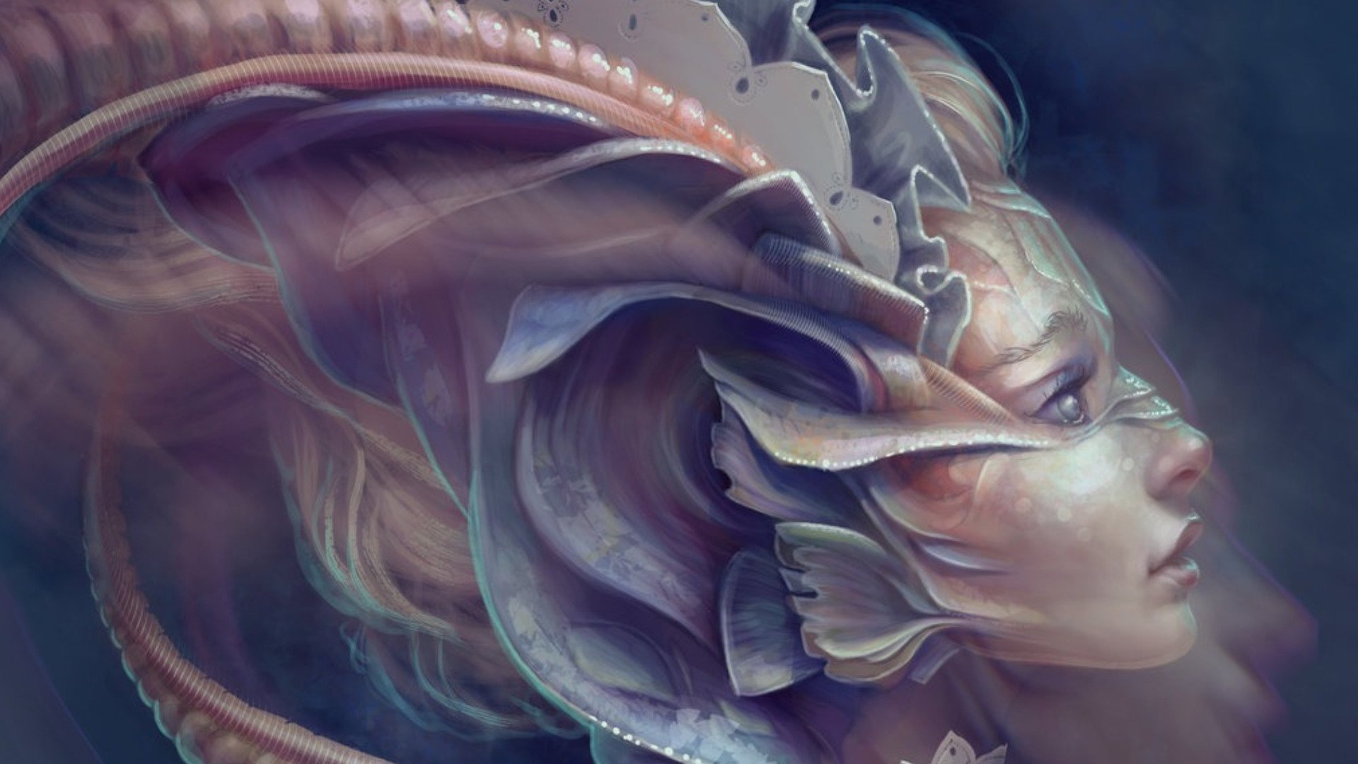 Fantasy-themed HD PC desktop wallpaper featuring a detailed woman with intricate, otherworldly headgear and delicate, ethereal details against a dark, mystical backdrop.