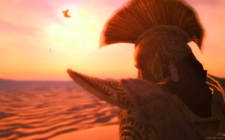 HD desktop wallpaper featuring a character wearing Ordinator armor from the video game The Elder Scrolls III: Morrowind against a sunset desert backdrop.